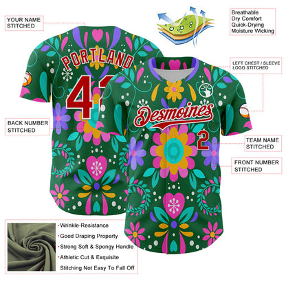 Custom Kelly Green Red-White 3D Mexican Festival Flower Cinco de Mayo Authentic Baseball Jersey - Sky-Custom