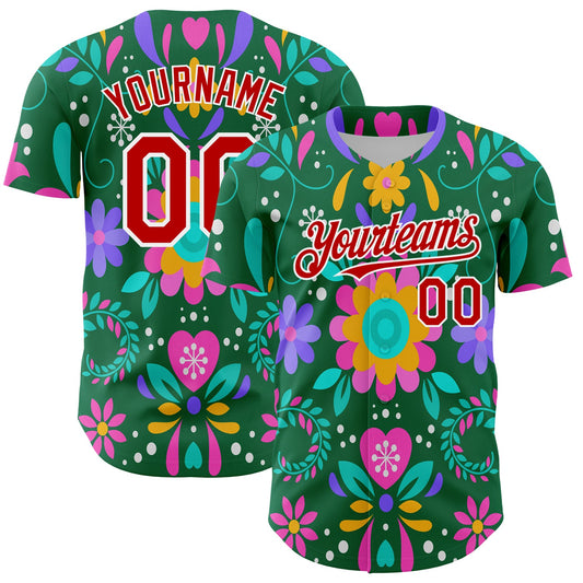 Custom Kelly Green Red-White 3D Mexican Festival Flower Cinco de Mayo Authentic Baseball Jersey - Sky-Custom