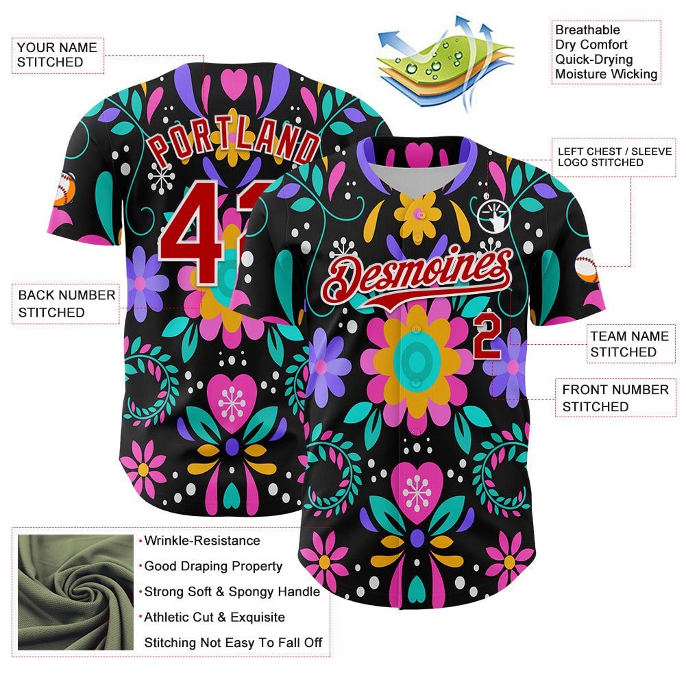 Custom Black Red-White 3D Mexican Festival Flower Cinco de Mayo Authentic Baseball Jersey - Sky-Custom
