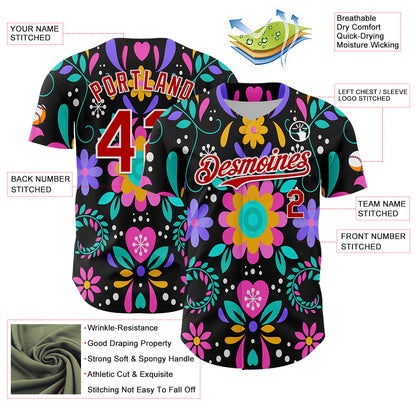 Custom Black Red-White 3D Mexican Festival Flower Cinco de Mayo Authentic Baseball Jersey - Sky-Custom