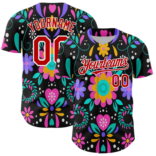 Custom Black Red-White 3D Mexican Festival Flower Cinco de Mayo Authentic Baseball Jersey - Sky-Custom
