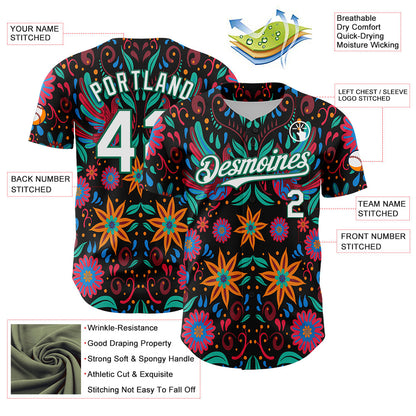 Custom Black White-Kelly Green 3D Mexican Festival Flower Cinco de Mayo Authentic Baseball Jersey - Sky-Custom