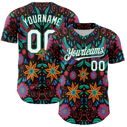 Custom Black White-Kelly Green 3D Mexican Festival Flower Cinco de Mayo Authentic Baseball Jersey - Sky-Custom