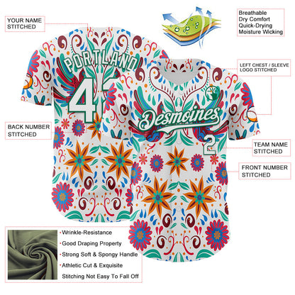 Custom White Kelly Green 3D Mexican Festival Flower Cinco de Mayo Authentic Baseball Jersey - Sky-Custom