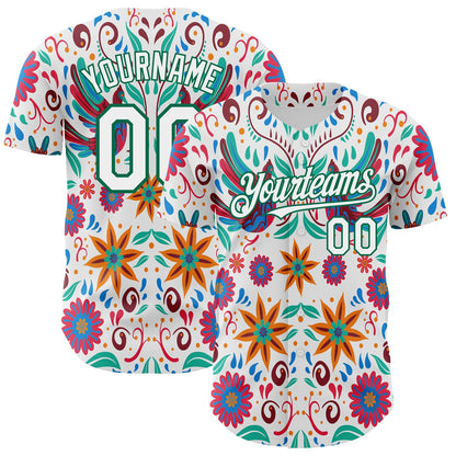 Custom White Kelly Green 3D Mexican Festival Flower Cinco de Mayo Authentic Baseball Jersey - Sky-Custom