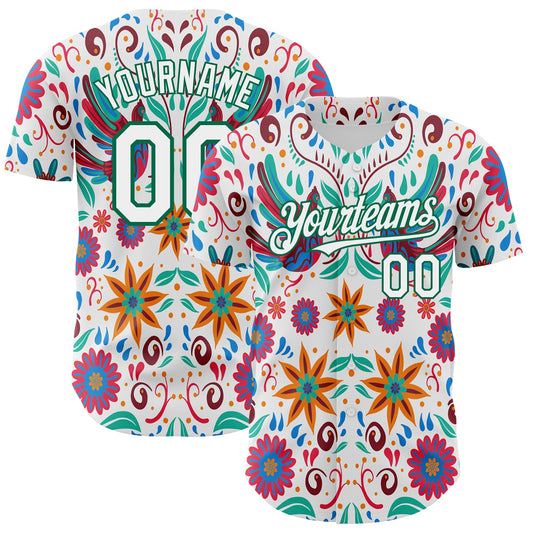 Custom White Kelly Green 3D Mexican Festival Flower Cinco de Mayo Authentic Baseball Jersey - Sky-Custom