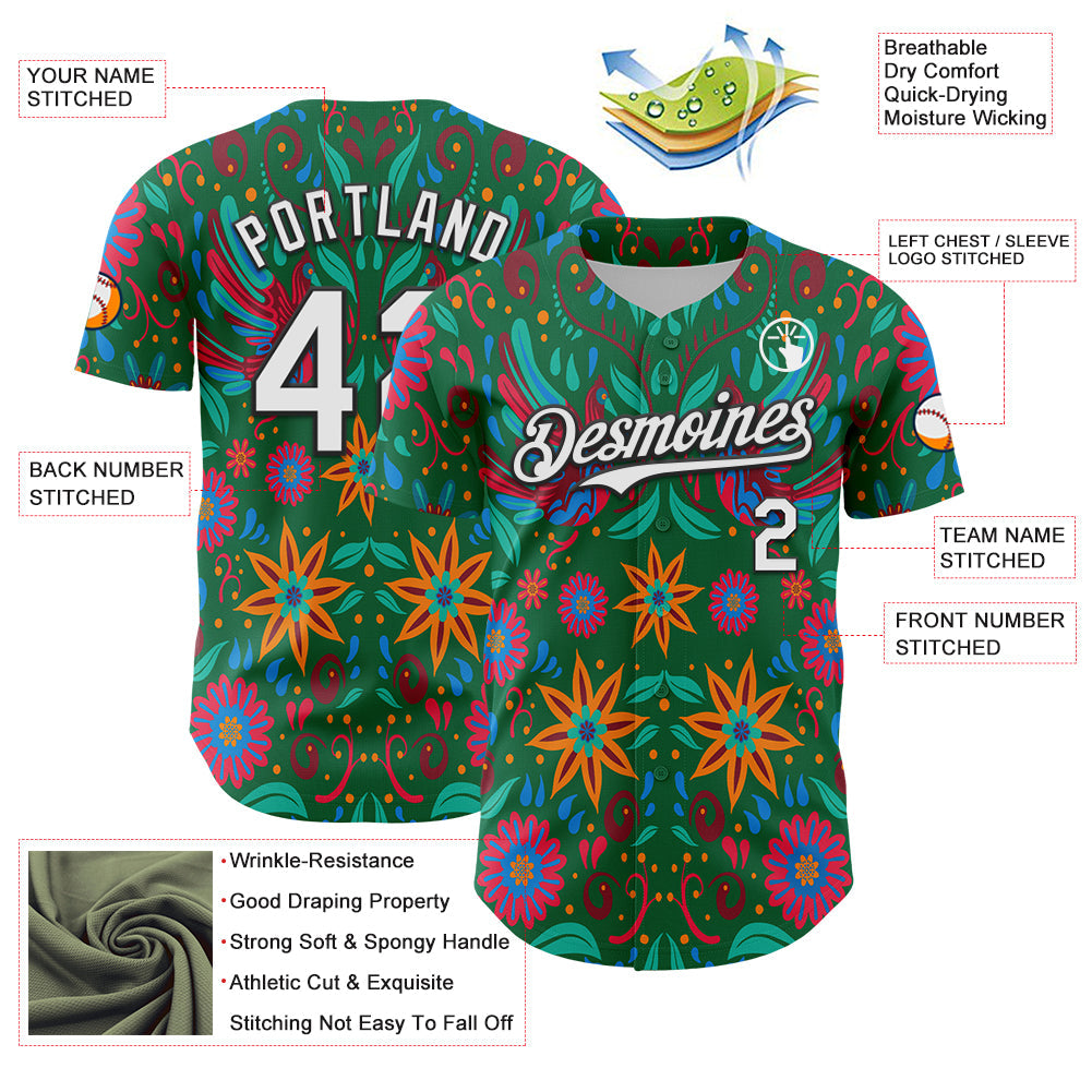 Custom Kelly Green White-Black 3D Mexican Festival Flower Cinco de Mayo Authentic Baseball Jersey - Sky-Custom