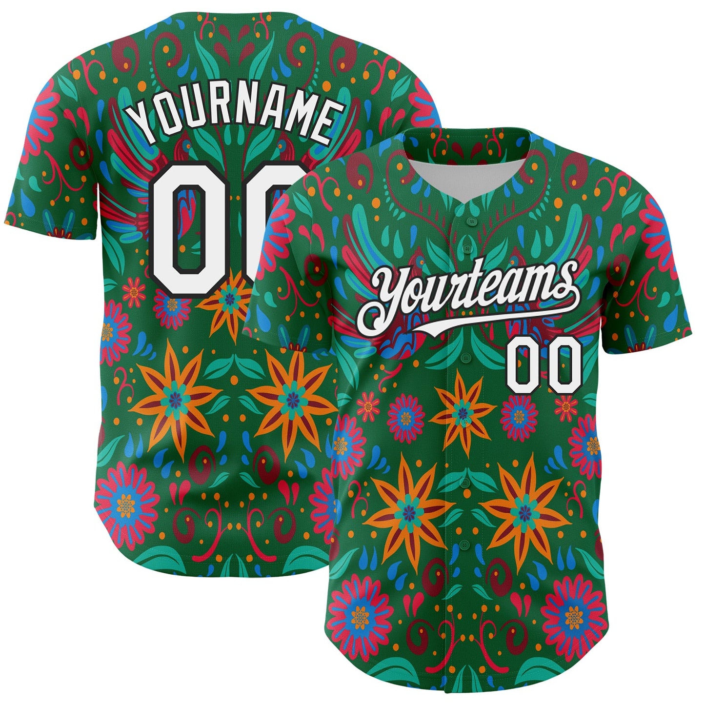 Custom Kelly Green White-Black 3D Mexican Festival Flower Cinco de Mayo Authentic Baseball Jersey - Sky-Custom