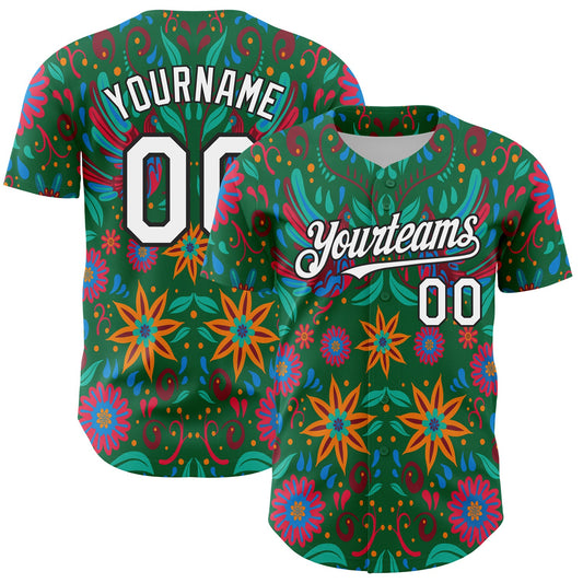 Custom Kelly Green White-Black 3D Mexican Festival Flower Cinco de Mayo Authentic Baseball Jersey - Sky-Custom