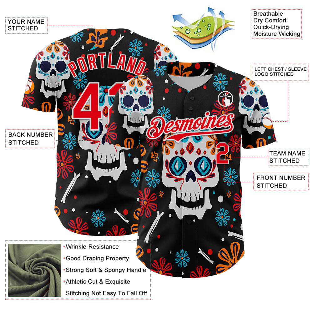 Custom Kelly Green Fire Red-White 3D Mexican Festival Flower And Skull Cinco de Mayo Authentic Baseball Jersey - Sky-Custom