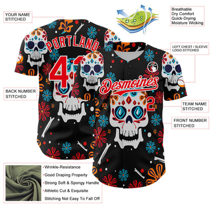 Custom Kelly Green Fire Red-White 3D Mexican Festival Flower And Skull Cinco de Mayo Authentic Baseball Jersey - Sky-Custom