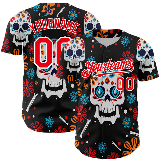 Custom Kelly Green Fire Red-White 3D Mexican Festival Flower And Skull Cinco de Mayo Authentic Baseball Jersey - Sky-Custom