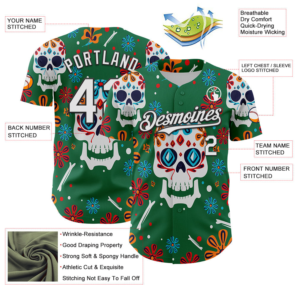 Custom Kelly Green White-Black 3D Mexican Festival Flower And Skull Cinco de Mayo Authentic Baseball Jersey - Sky-Custom