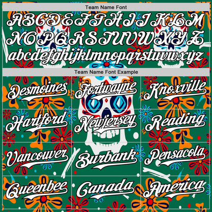Custom Kelly Green White-Black 3D Mexican Festival Flower And Skull Cinco de Mayo Authentic Baseball Jersey - Sky-Custom