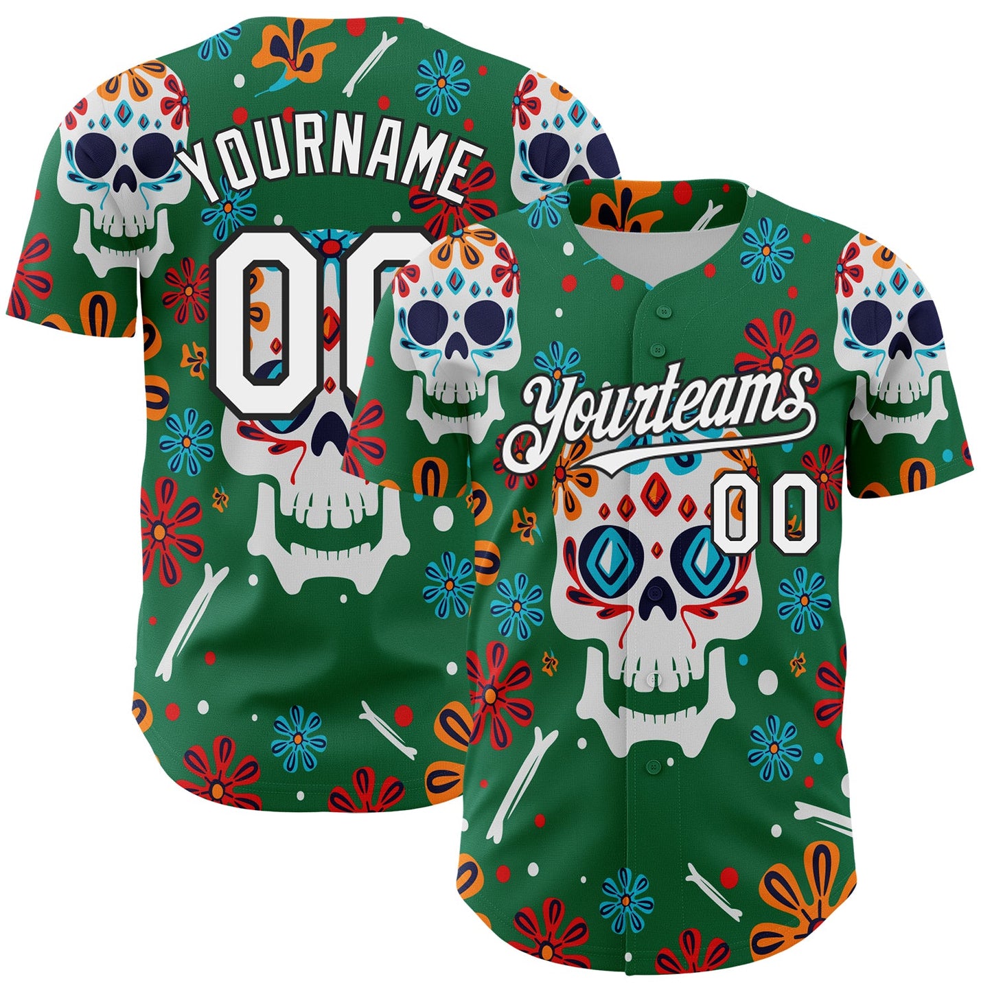 Custom Kelly Green White-Black 3D Mexican Festival Flower And Skull Cinco de Mayo Authentic Baseball Jersey - Sky-Custom