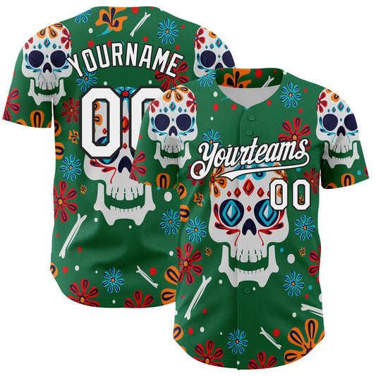 Custom Kelly Green White-Black 3D Mexican Festival Flower And Skull Cinco de Mayo Authentic Baseball Jersey - Sky-Custom