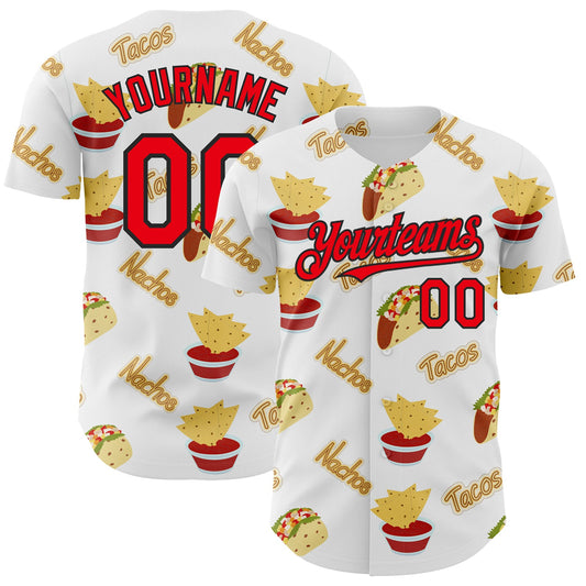 Custom White Fire Red-Black 3D Mexican Festival Taco Cinco de Mayo Authentic Baseball Jersey - Sky-Custom