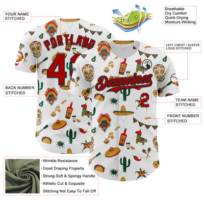 Custom White Red-Black 3D Mexican Festival Cactus Skull Sombrero Cinco de Mayo Authentic Baseball Jersey - Sky-Custom