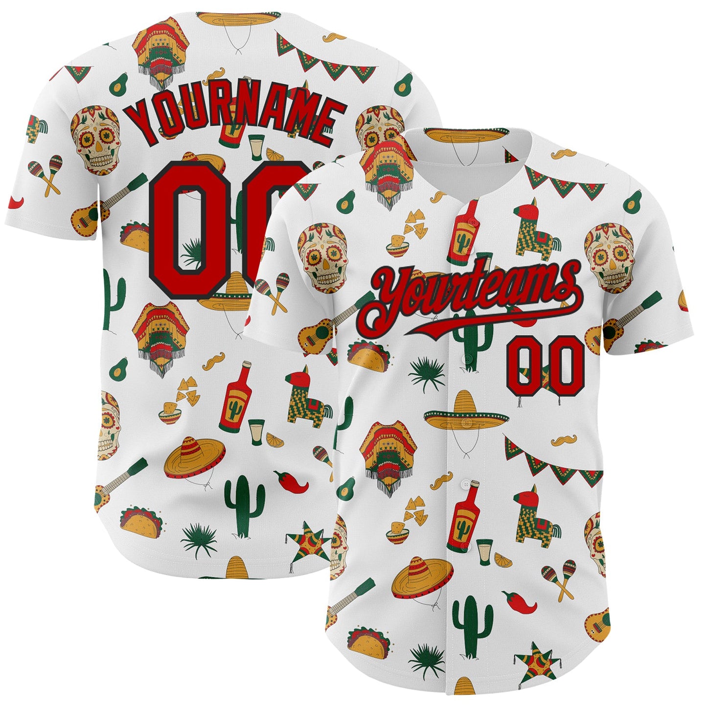 Custom White Red-Black 3D Mexican Festival Cactus Skull Sombrero Cinco de Mayo Authentic Baseball Jersey - Sky-Custom