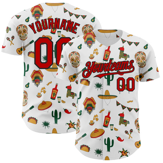 Custom White Red-Black 3D Mexican Festival Cactus Skull Sombrero Cinco de Mayo Authentic Baseball Jersey - Sky-Custom