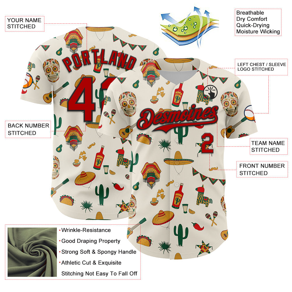 Custom Cream Red-Black 3D Mexican Festival Cactus Skull Sombrero Cinco de Mayo Authentic Baseball Jersey - Sky-Custom