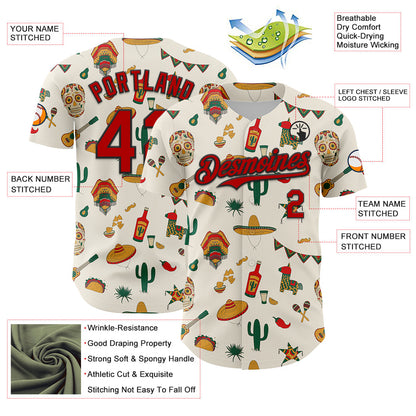 Custom Cream Red-Black 3D Mexican Festival Cactus Skull Sombrero Cinco de Mayo Authentic Baseball Jersey - Sky-Custom