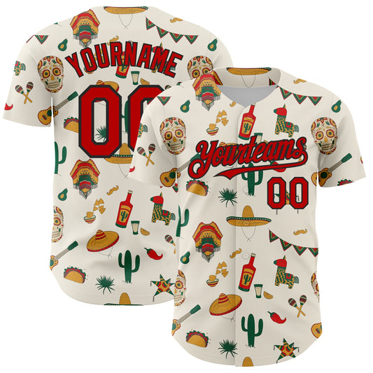 Custom Cream Red-Black 3D Mexican Festival Cactus Skull Sombrero Cinco de Mayo Authentic Baseball Jersey - Sky-Custom