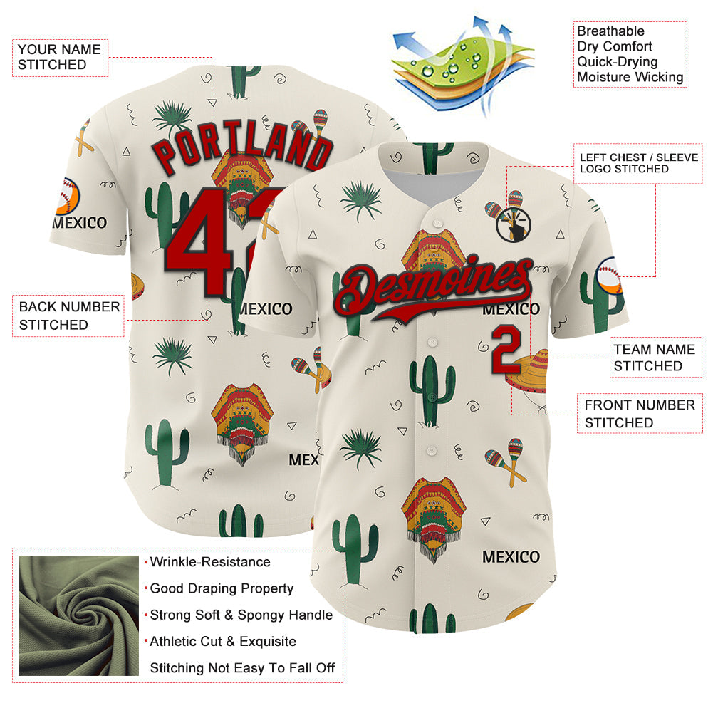 Custom Cream Red-Black 3D Mexican Festival Cactus And Sombrero Cinco de Mayo Authentic Baseball Jersey - Sky-Custom