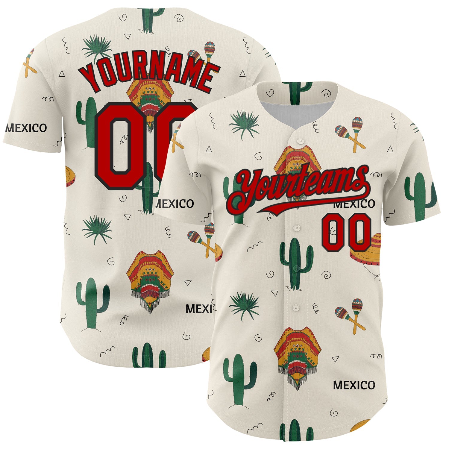 Custom Cream Red-Black 3D Mexican Festival Cactus And Sombrero Cinco de Mayo Authentic Baseball Jersey - Sky-Custom