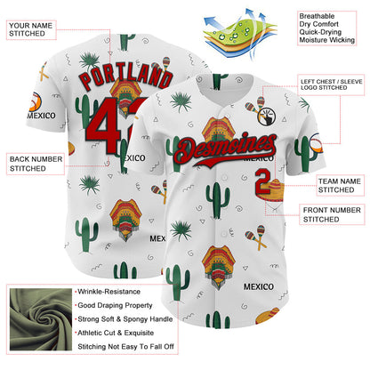 Custom White Red-Black 3D Mexican Festival Cactus And Sombrero Cinco de Mayo Authentic Baseball Jersey - Sky-Custom