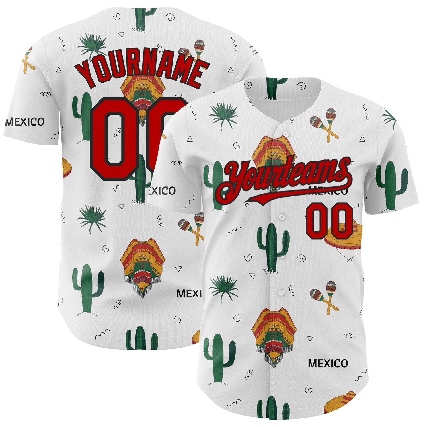 Custom White Red-Black 3D Mexican Festival Cactus And Sombrero Cinco de Mayo Authentic Baseball Jersey - Sky-Custom