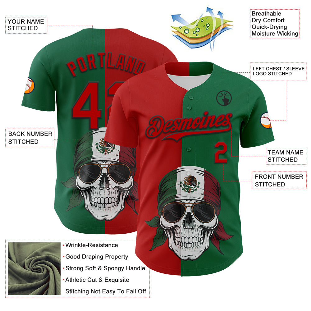Custom Green Red-Black 3D Mexican Flag Skull Authentic Baseball Jersey - Sky-Custom
