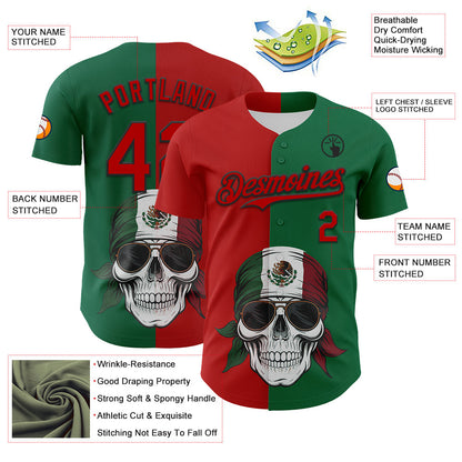 Custom Green Red-Black 3D Mexican Flag Skull Authentic Baseball Jersey - Sky-Custom