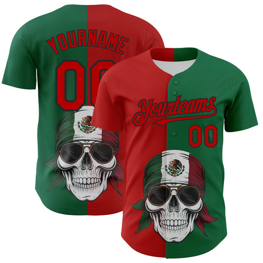 Custom Green Red-Black 3D Mexican Flag Skull Authentic Baseball Jersey - Sky-Custom