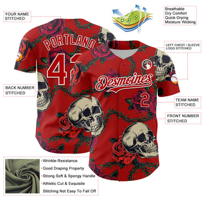 Custom Red White 3D Mexican Festival Skull And Flower Cinco de Mayo Authentic Baseball Jersey - Sky-Custom