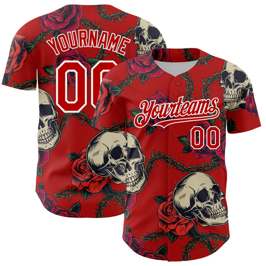 Custom Red White 3D Mexican Festival Skull And Flower Cinco de Mayo Authentic Baseball Jersey - Sky-Custom