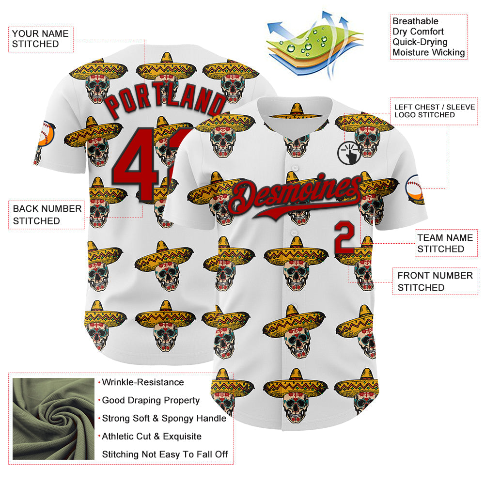 Custom White Red-Black 3D Mexican Festival Skull With Sombrero Cinco de Mayo Authentic Baseball Jersey - Sky-Custom