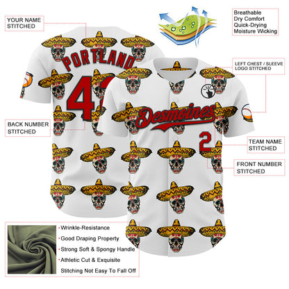 Custom White Red-Black 3D Mexican Festival Skull With Sombrero Cinco de Mayo Authentic Baseball Jersey - Sky-Custom