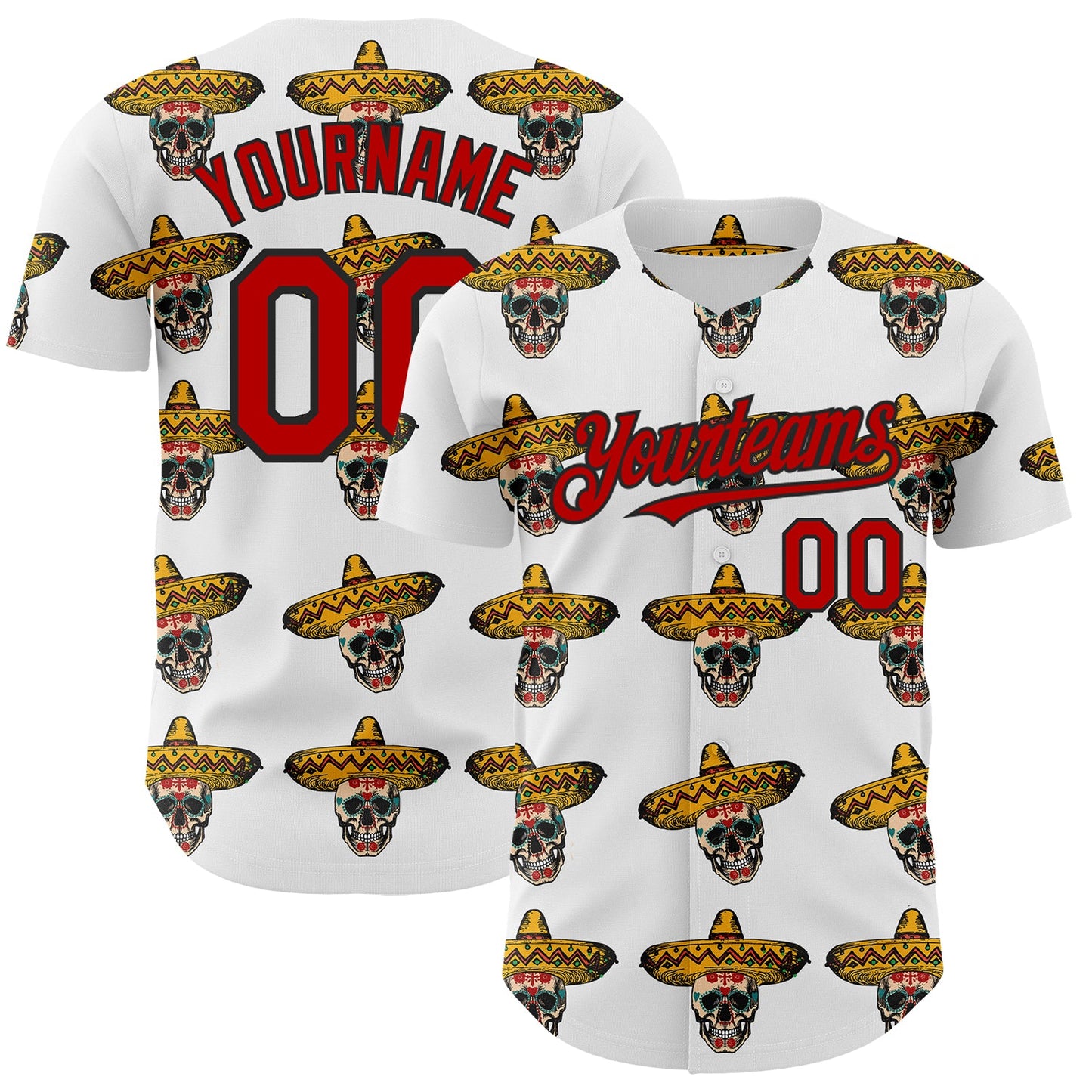 Custom White Red-Black 3D Mexican Festival Skull With Sombrero Cinco de Mayo Authentic Baseball Jersey - Sky-Custom