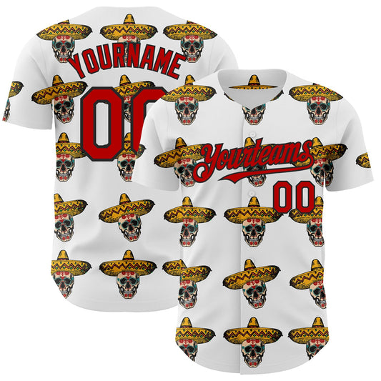 Custom White Red-Black 3D Mexican Festival Skull With Sombrero Cinco de Mayo Authentic Baseball Jersey - Sky-Custom