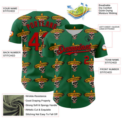 Custom Kelly Green Red-Black 3D Mexican Festival Skull With Sombrero Cinco de Mayo Authentic Baseball Jersey - Sky-Custom