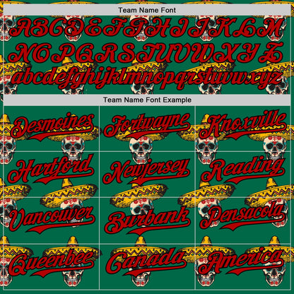 Custom Kelly Green Red-Black 3D Mexican Festival Skull With Sombrero Cinco de Mayo Authentic Baseball Jersey - Sky-Custom