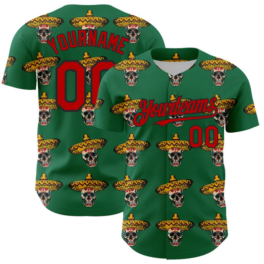 Custom Kelly Green Red-Black 3D Mexican Festival Skull With Sombrero Cinco de Mayo Authentic Baseball Jersey - Sky-Custom