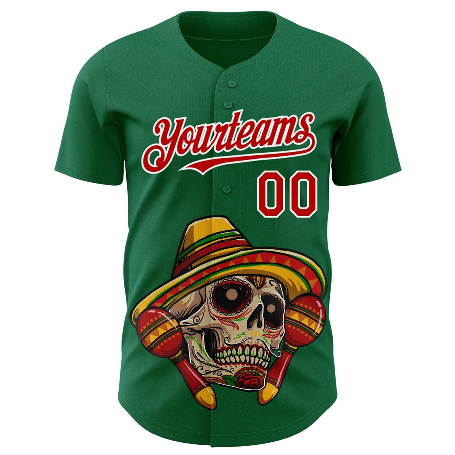 Custom Kelly Green Red-White 3D Mexican Festival Skull With Sombrero Cinco de Mayo Authentic Baseball Jersey - Sky-Custom