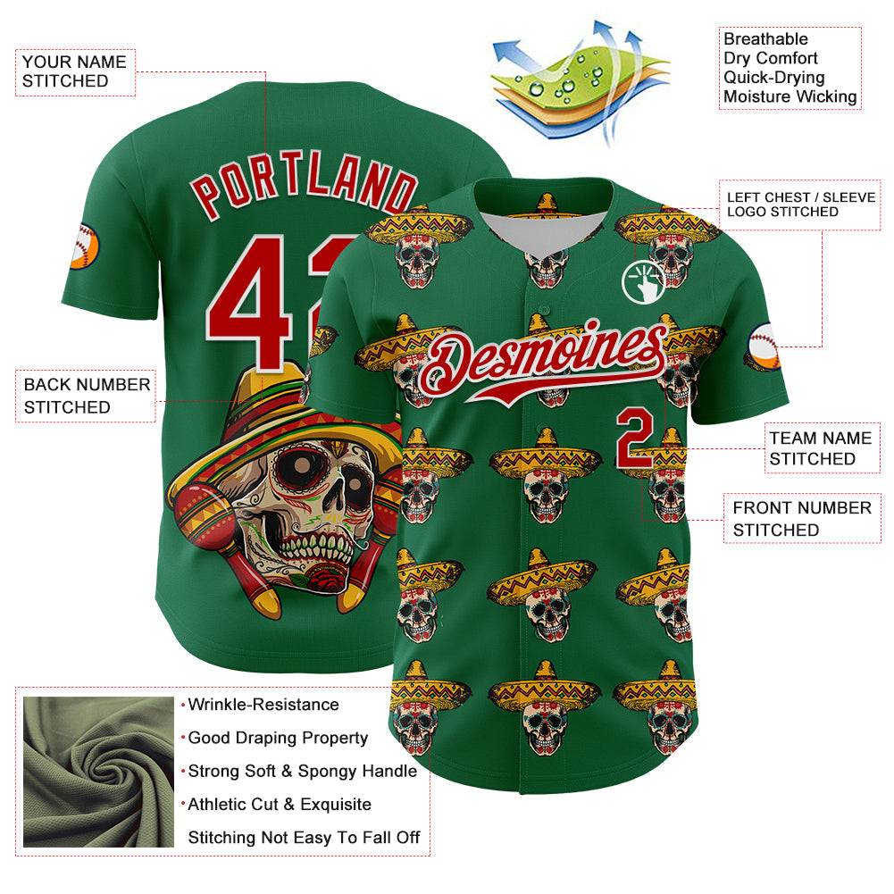 Custom Kelly Green Red-White 3D Mexican Festival Skull With Sombrero Cinco de Mayo Authentic Baseball Jersey - Sky-Custom