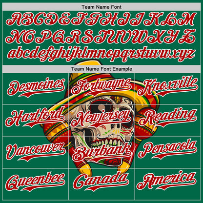 Custom Kelly Green Red-White 3D Mexican Festival Skull With Sombrero Cinco de Mayo Authentic Baseball Jersey - Sky-Custom