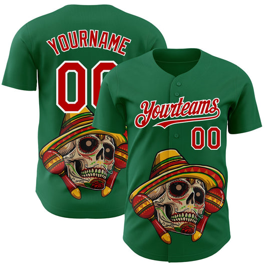 Custom Kelly Green Red-White 3D Mexican Festival Skull With Sombrero Cinco de Mayo Authentic Baseball Jersey - Sky-Custom