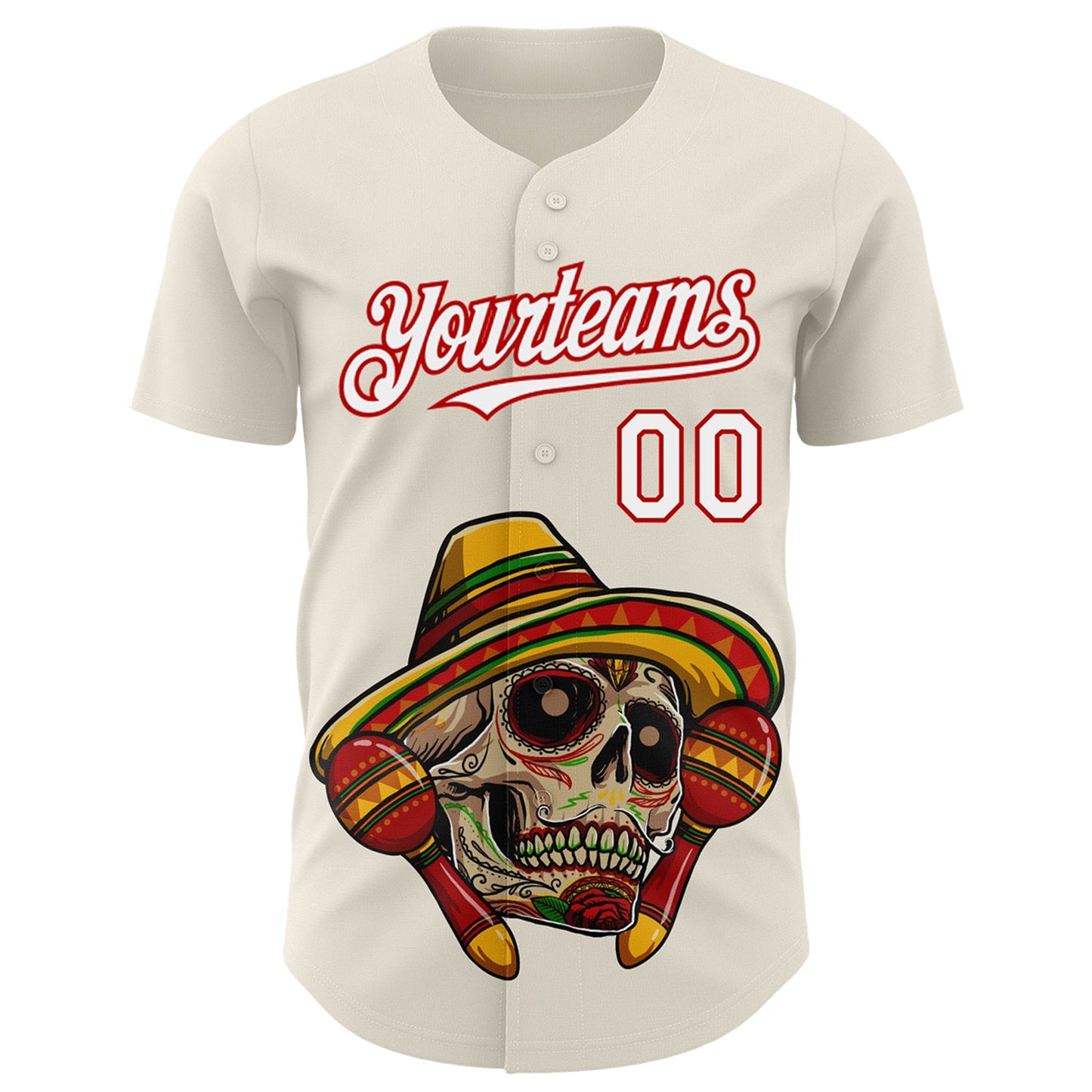 Custom Cream White-Red 3D Mexican Festival Skull With Sombrero Cinco de Mayo Authentic Baseball Jersey - Sky-Custom