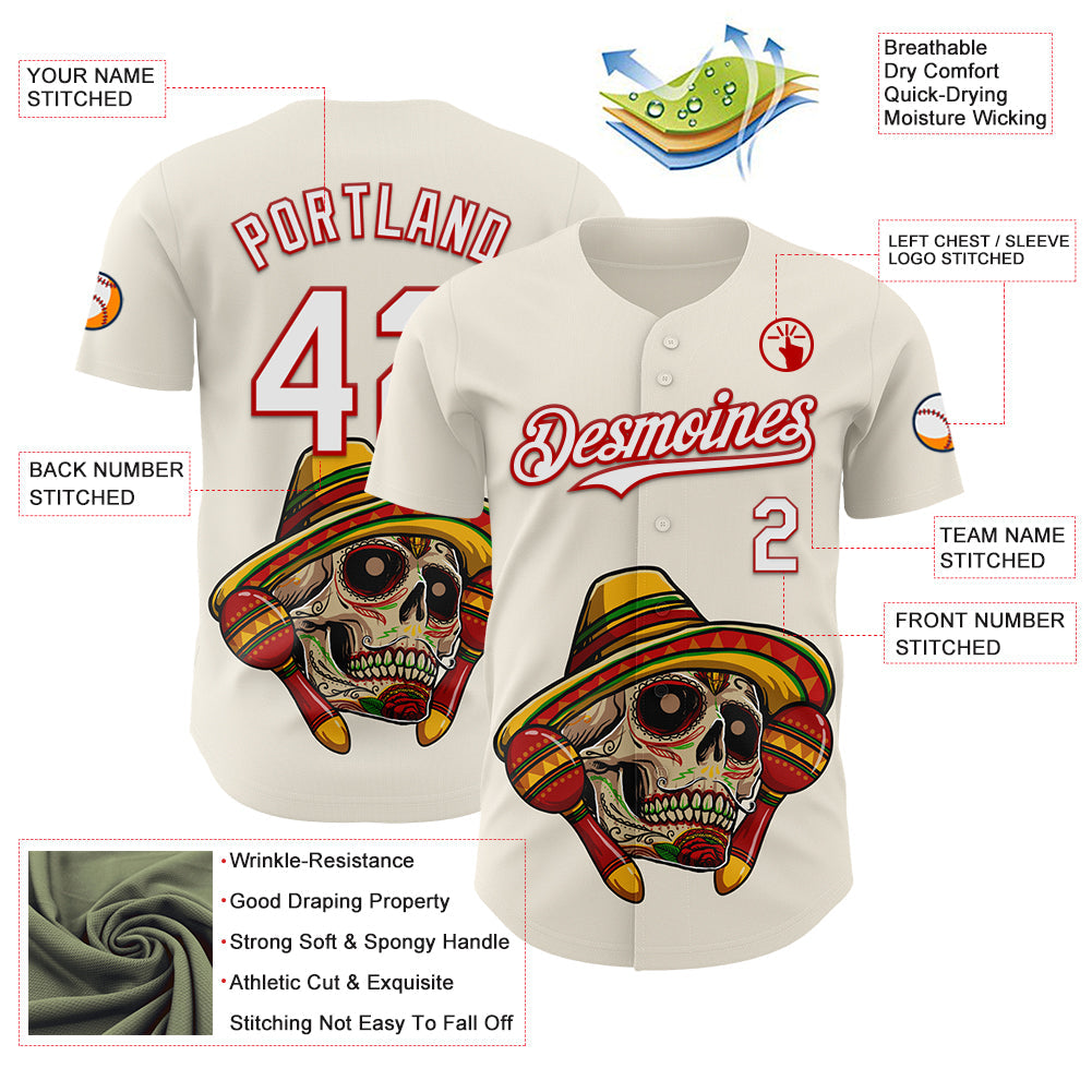 Custom Cream White-Red 3D Mexican Festival Skull With Sombrero Cinco de Mayo Authentic Baseball Jersey - Sky-Custom