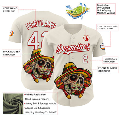 Custom Cream White-Red 3D Mexican Festival Skull With Sombrero Cinco de Mayo Authentic Baseball Jersey - Sky-Custom